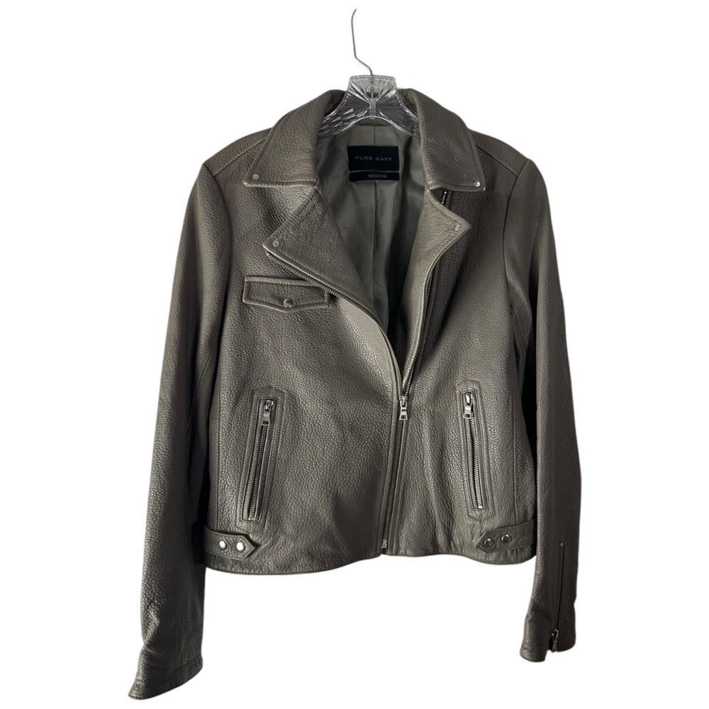 Pure Navy Lamb Leather Gray Motorcycle Jacket Size Medium